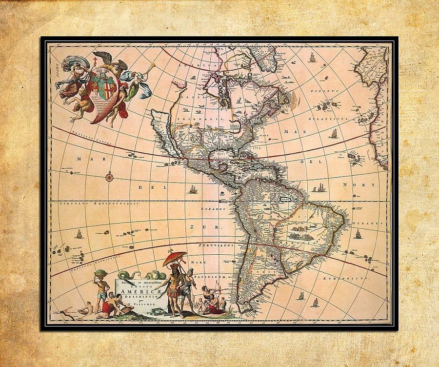 Vintage Americas Map by Claes Visscher Archival quality Art print 16"x20" - 018