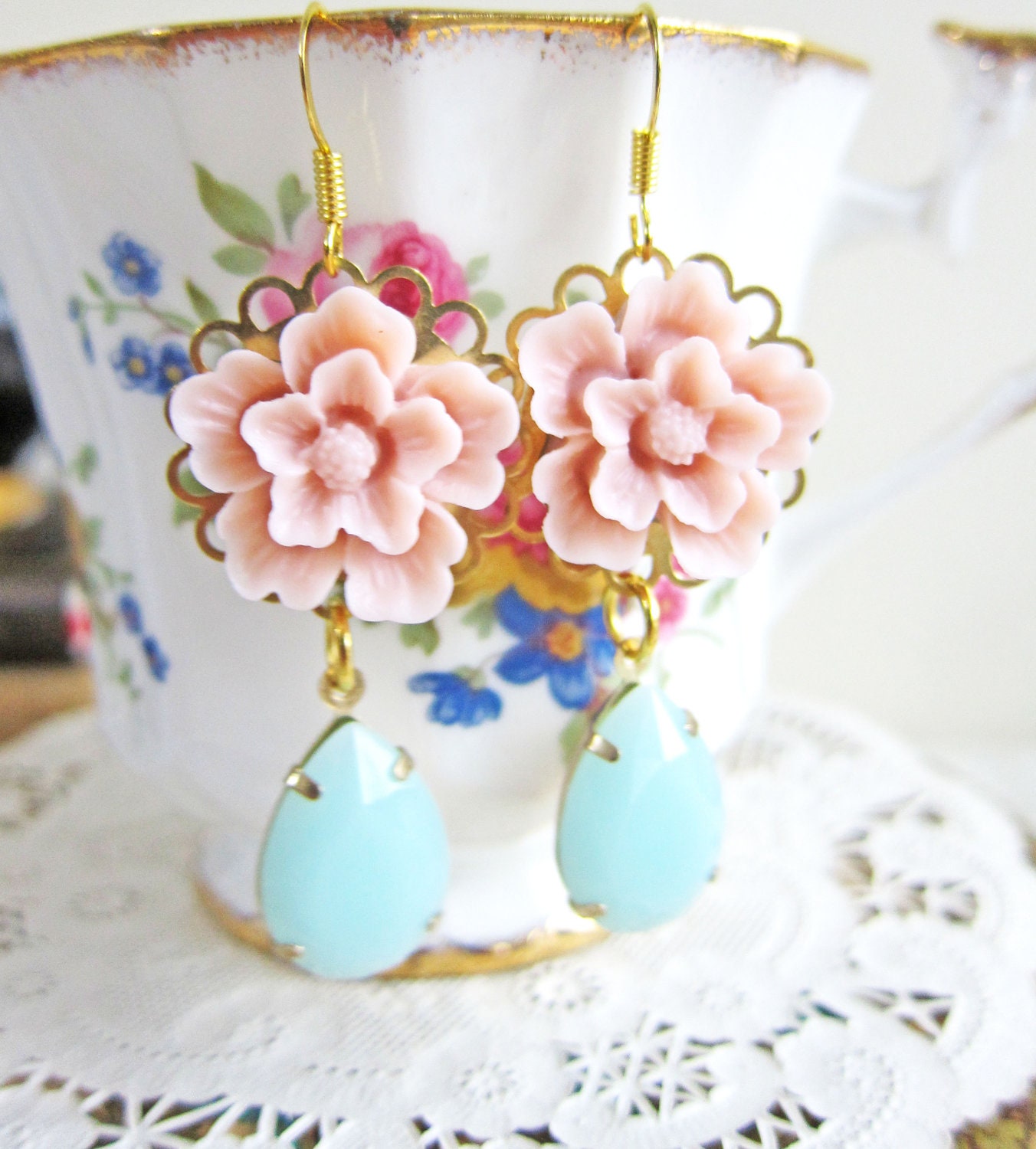 Pink Flower Earrings Pink Pale Mint Blue Aqua Turquoise Floral Earrings Bridesmaids Wedding Romantic Dangling Earrings - Romanticiera