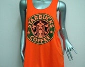 STARBUCKS Coffee T-Shirt Women shirt Tank Tops Mini Dress sleeveless silk screen shirt Rock Punk classic backless charity Orange Q04 Size M