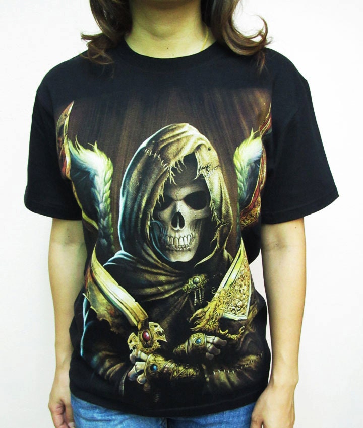Demon killer Skull Skeleton Devil T-Shirt Women short sleeve silk screen shirt Rock Punk Ghost Graphics Black R11 Size S