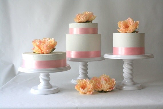 Wedding Cake Stand Trio - set of three wedding cake stands in white, round wood cake stands