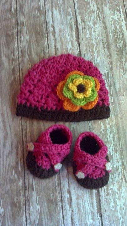 Baby Girl Crochet Hat and Booties Set - Hot Pink and Brown Textured Hat with Criss Cross Booties and Matching Crochet Flower Clip