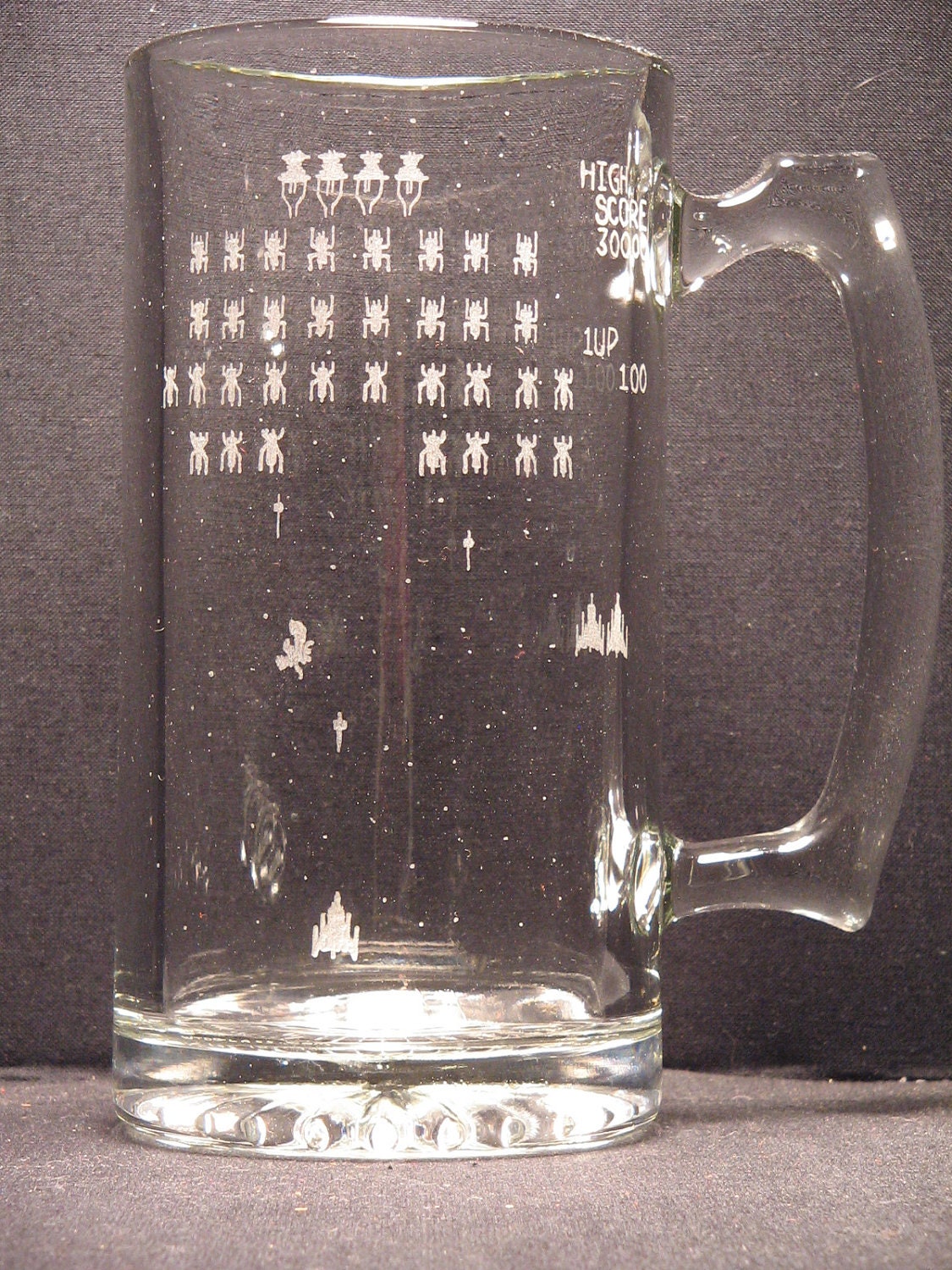Galaga inspired beer mug Engraved Glass,  Pick your style