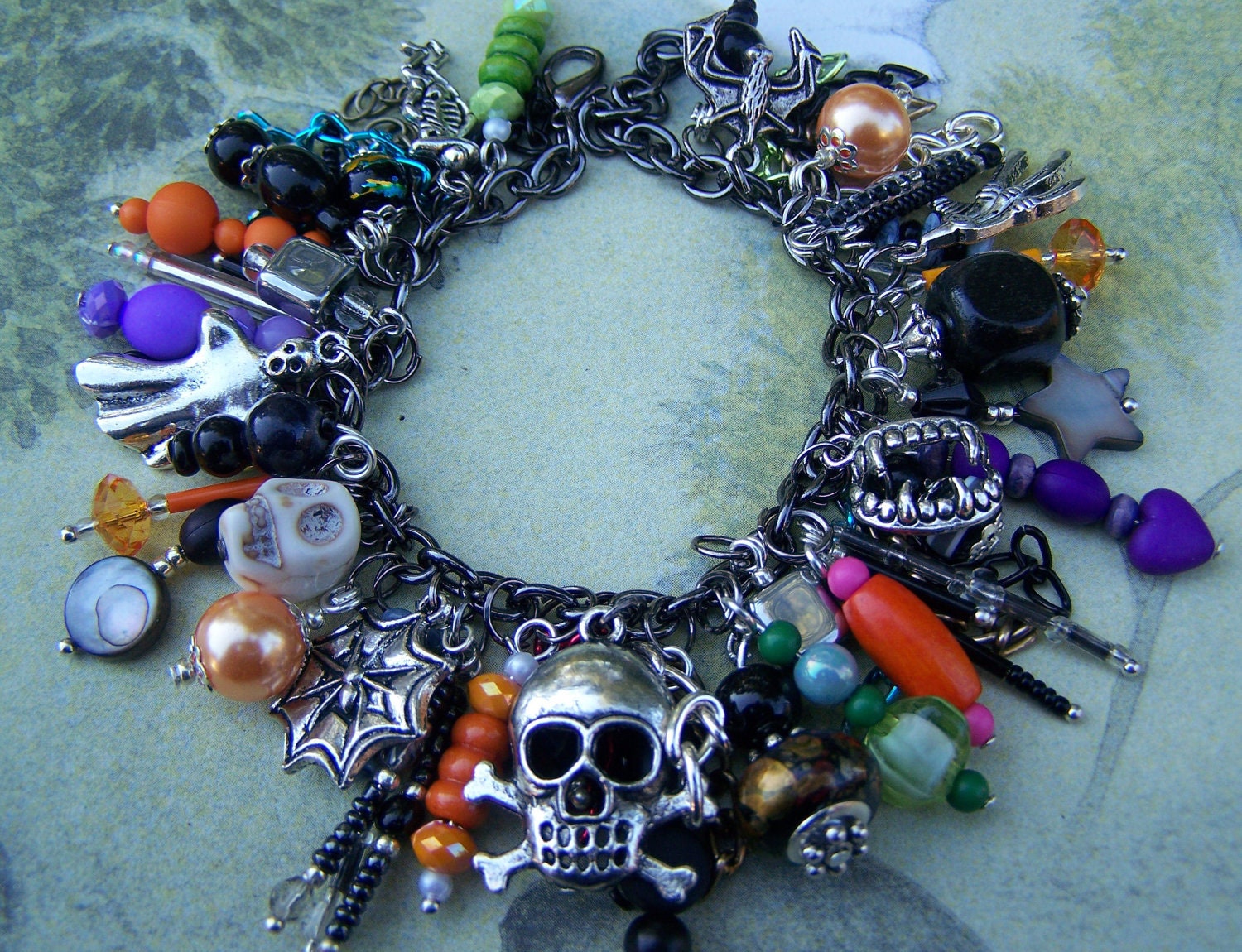 Bracelet Altered art HALLOWEEN voodoo skeleton bat spider web skull ghost charm bracelet Boho Shabby Gypsy Steampunk OOAK New