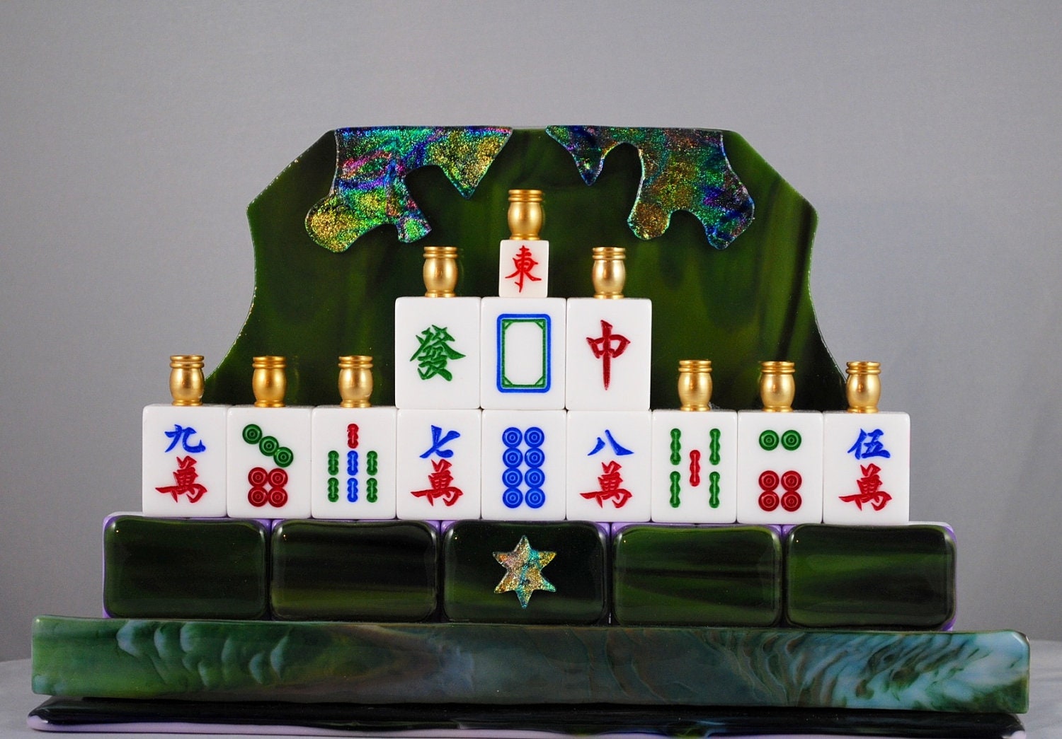 Fused Glass Mah Jongg Menorah Sculpture Art Glass