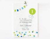 BOYS First Birthday with color giant balloon and confetti Invitation - Bright colors - First Birthday - Customized Printable Invitation