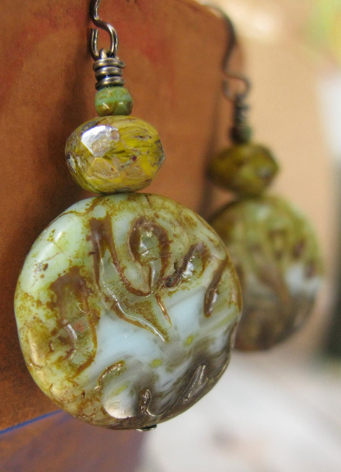 Pale blue, yellow and brown earrings
