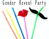 20 Mustache and Lips Straws - Gender Reveal Party - Photo Booth Props - Red Lips and Black Mustaches on Straws - Assembled Ready to Use