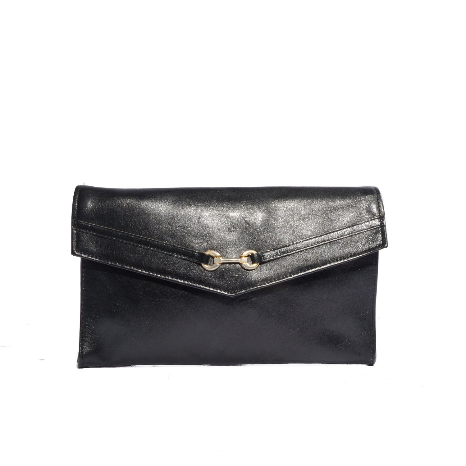 Black Leather Envelope Clutch Gold Horsebit Hardware