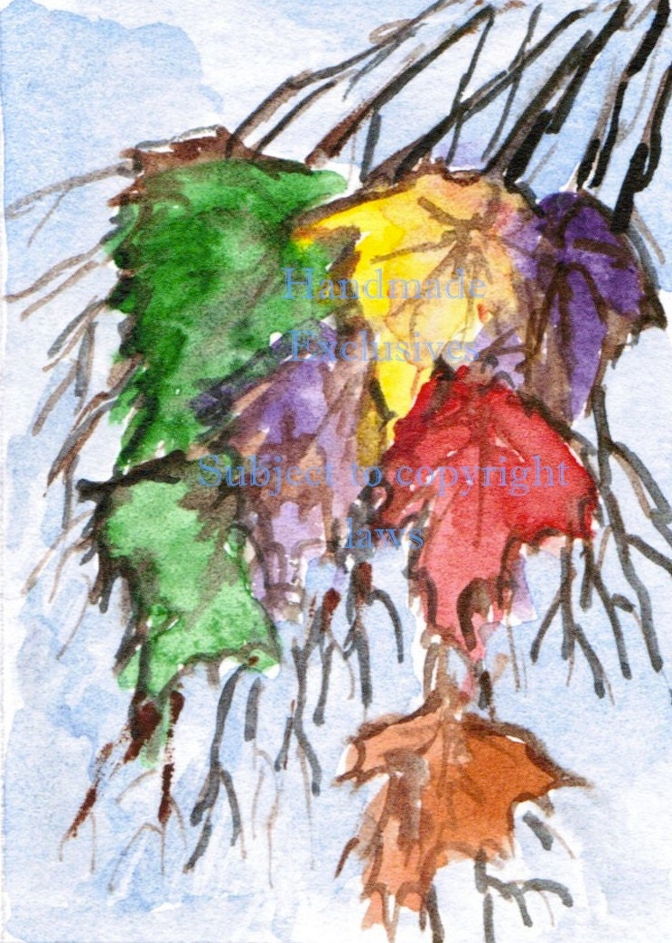 Fall colors, Fall leaves, nature art, Watercolor trees, Original Painting, Fiery fall,  OOAK, ACEO11