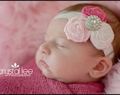 Baby Headbands - Easter Headband - Spring Headband - Pink and White Fabric Flower Headband with Rhinestone Button - Rolled Rosettes