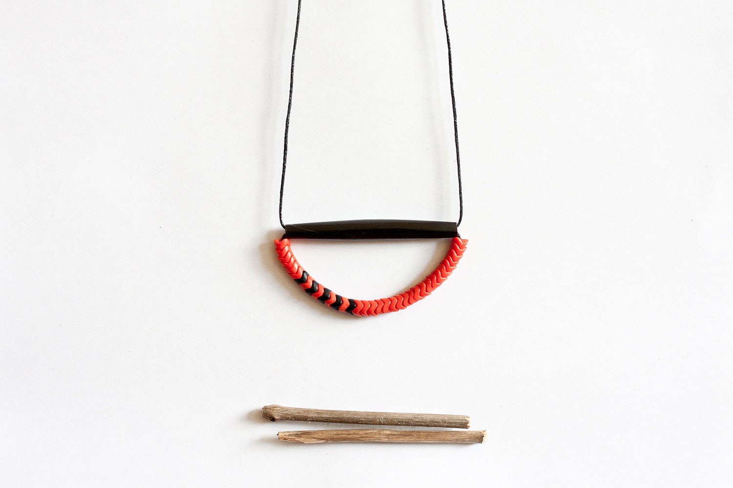 geometric, tribal, black bone, black and dark orange czech beads, black rope, long, beaded necklace - nanoukiko