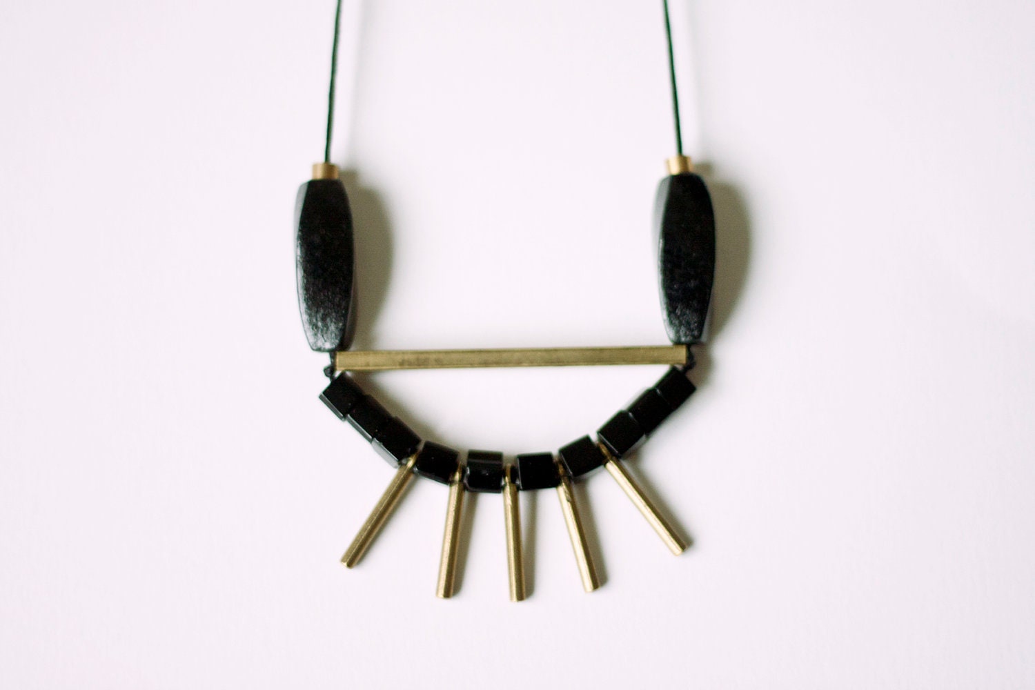 LAST ONE geometric, tribal, brass beads, black wood beads, black cube beads and black rope, long, beaded necklace
