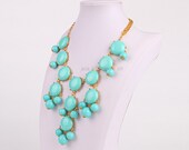 Turquoise Blue Necklace, Gold Tone Necklace, Bubble Necklace, Bluish Necklace, Statement Necklace (FN0508-M-Turquoise Blue)