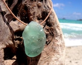 Hawaiian Very Unique & RARE Aqua Bonfire Beach Glass with Sand Naturally in it on India Leather, completely adjustable, Necklace