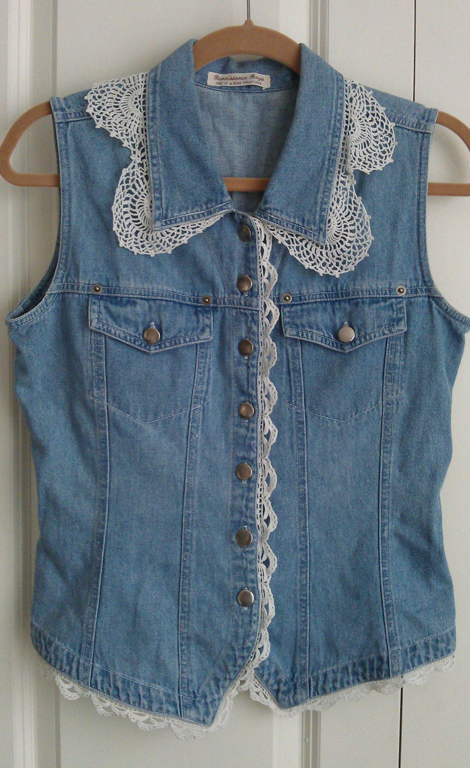 upcycled denim vest w/ vintage lace and mother of pearl buckle