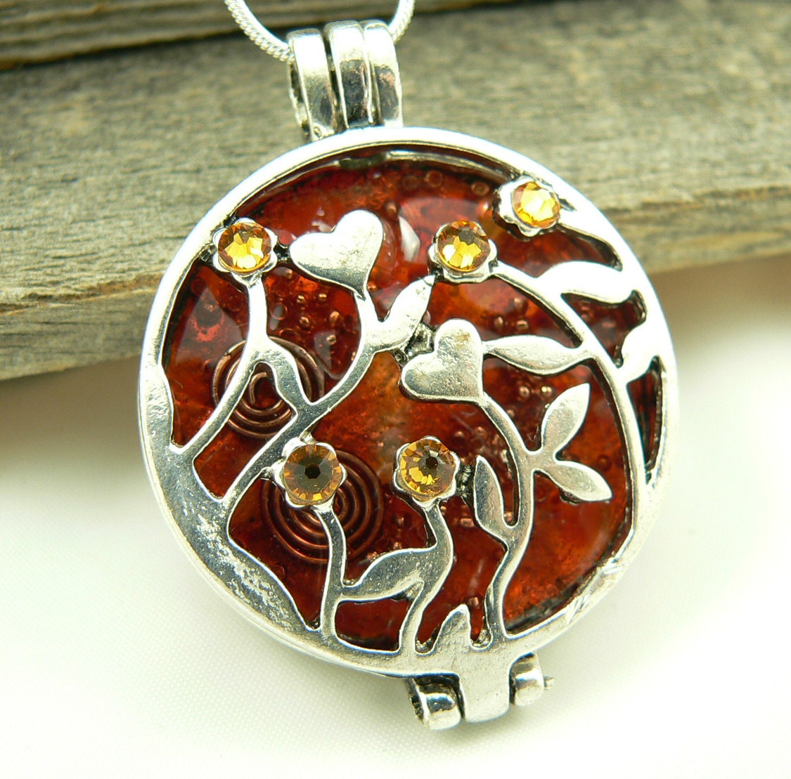 Orgone Energy Flower Garden Locket - Tangerine Orange w/Carnelian Gemstone - Swarovski Crystals - Artisan Jewelry