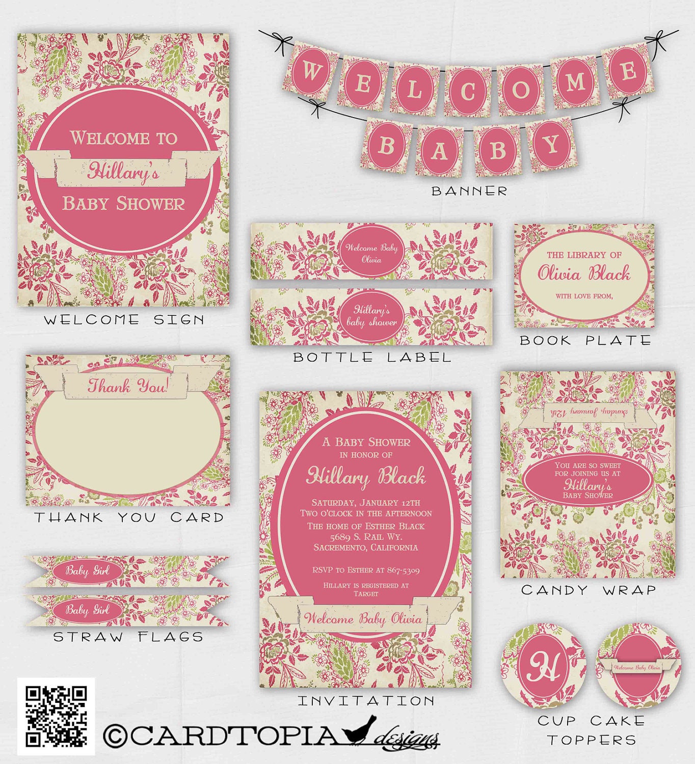 Victorian GIRL BABY SHOWER Invitations Vintage Floral Banner Digital diy Printable Personalized Pink and Green - 81443334