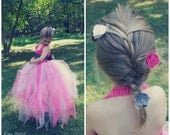 Flower Girl Tutu Dress and Silk Flower Hair Pins Set Crochet Bodice Silk Dupioni Sash Tulle Tutu Shiny Pink and Grey Child Size 5 to 8