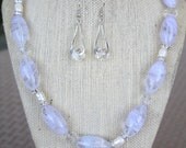 Purple and Pearl Necklace, Earrings Included - Asymmetrical, Lavender, White, Elegant
