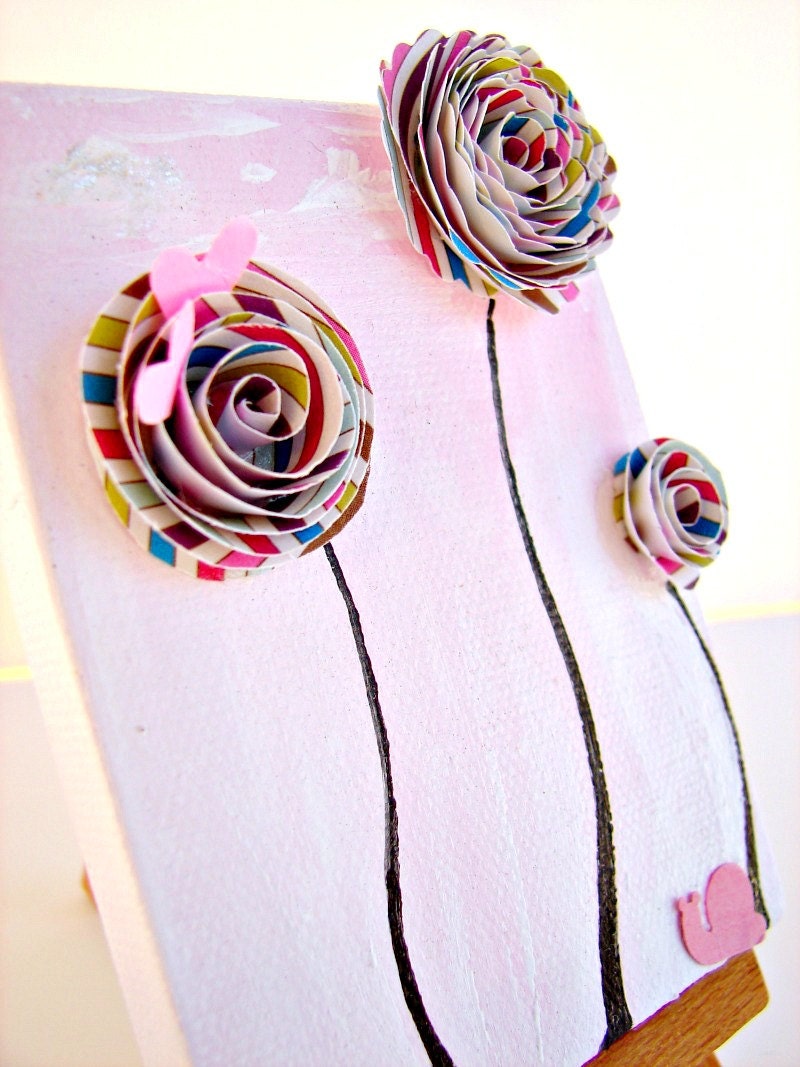 Paper Rosette-Candy Striped Flowers-Mixed Media Wall Art, Home Decor, Nursery Decor