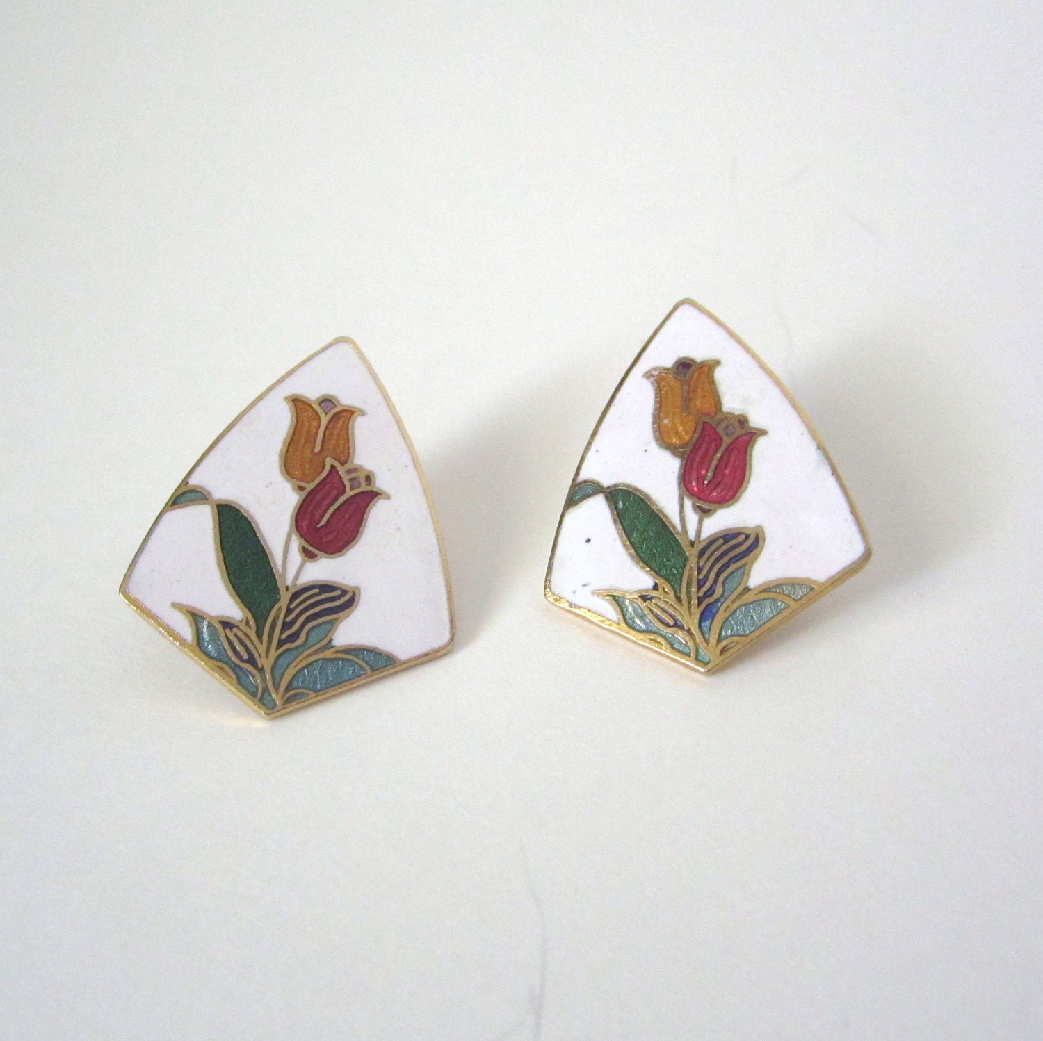 Vintage 1980s Cloisonne Tulip Earrings for Pierced Ears // Gold Tone with Colored Enamel