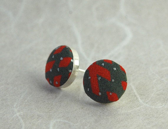Vintage Kimono Stud/Post Earrings, Sterling Silver, Orange Gray and Silver, Silk, Geometric Pattern