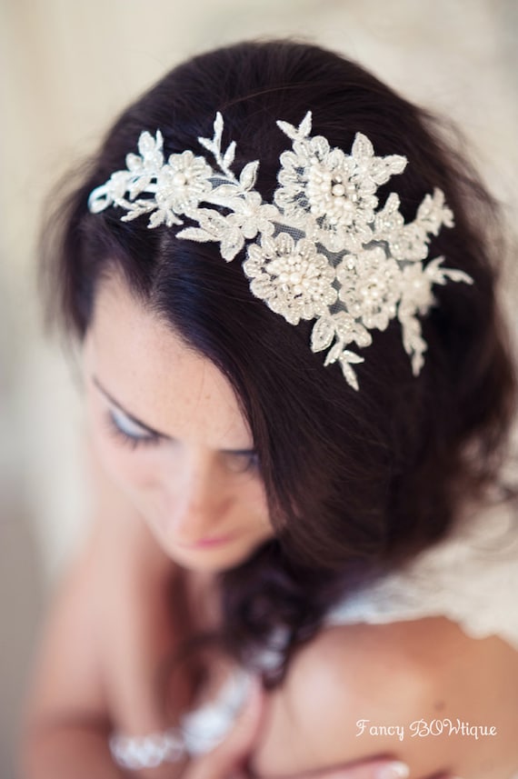 Floral bridal headpiece, lace headband, whimsical headband, ivory bridal fascinator-Florence