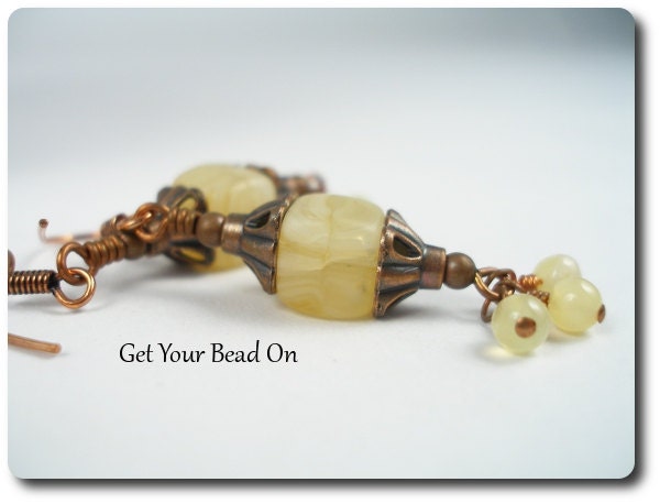 Antique Copper Earrings with Pale Yellow Beads