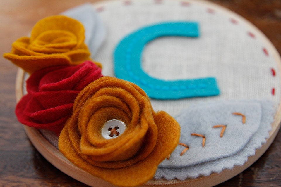 Monogram Initial Embroidery Hoop Art 5-Inch with Felt Flowers and Leaves Peacock, Red, Marigold and Goldenrod Handstitched by Catshy Crafts