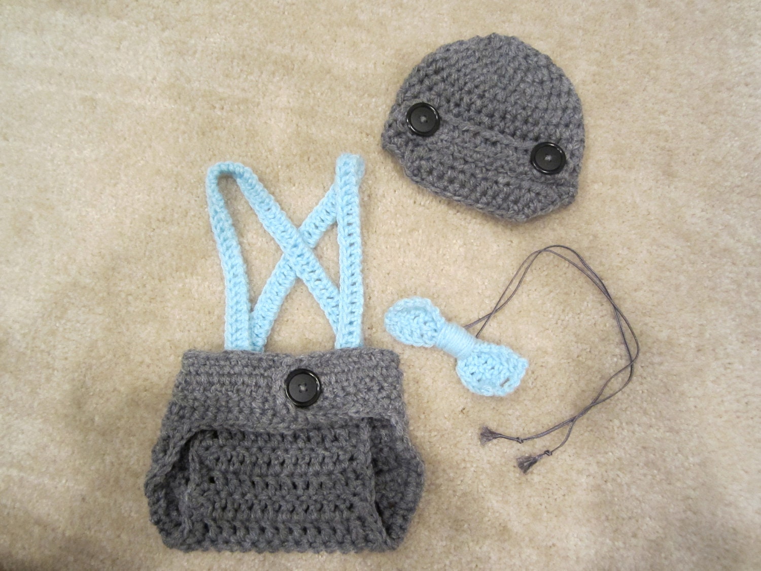 Crochet Newborn Baby Boy Photo Prop Set Grey Diaper Cover Newsboy Hat Light Blue Suspenders Bowtie