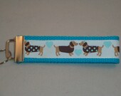 Wristlet key Fob - Turquoise Cotton Webbing - Cute Daschund design