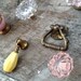 Eclectic Collection of 8 (Eight) Knobs / Pink Lemonade Collection / Antique Brass, Drop Pull, Yellow Rose, Clear Pressed Glass