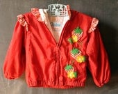 vtg 80s Carters strawberry red windbreaker, size 24 months, toddler, gingham ruffles,