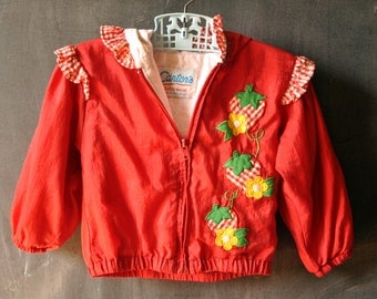 vtg 80s Carters strawberry red windbreaker, size 24 months, toddler, gingham ruffles,
