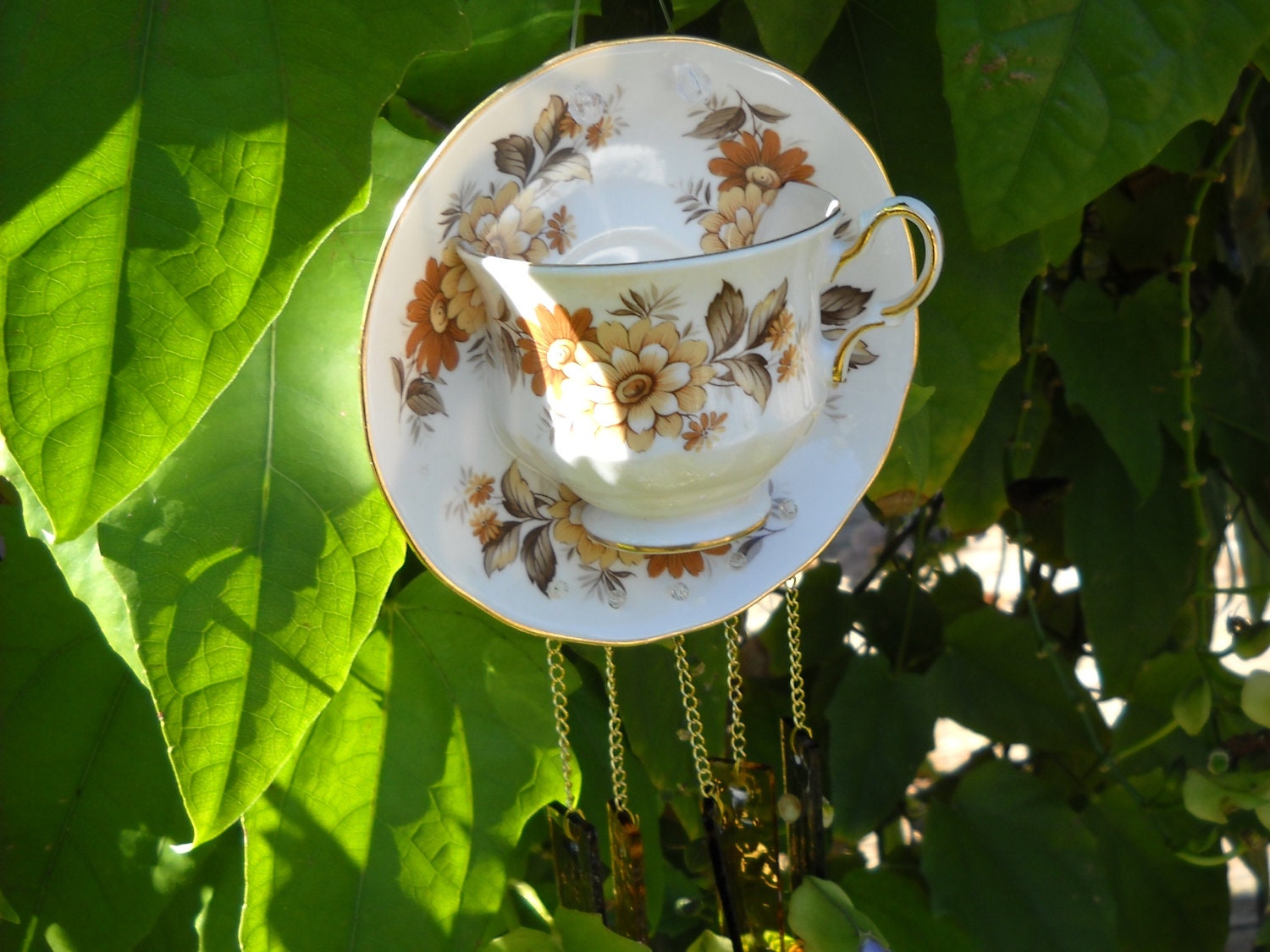 Collectable Queen Anne Bone China Tea Cup Wind Chime with glass wind chimes