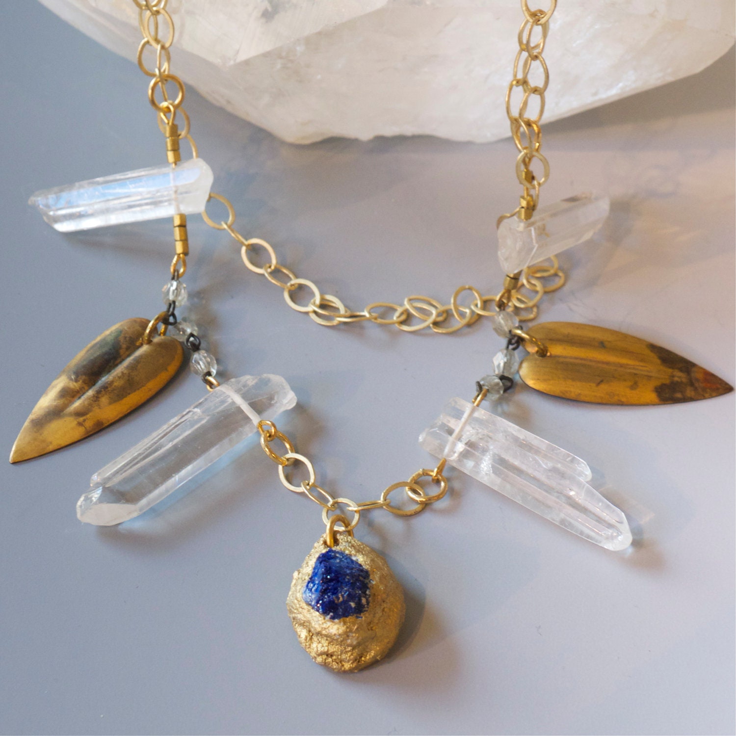 Blue-Azurite-Raw Crystal-Crystal Points-Vintage Patina Brass Leaf-Mixed Chain-Necklace