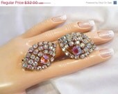 Vintage All AB Rhinestone Earrings, Pink & White, Domed Ear-Hugger Clips