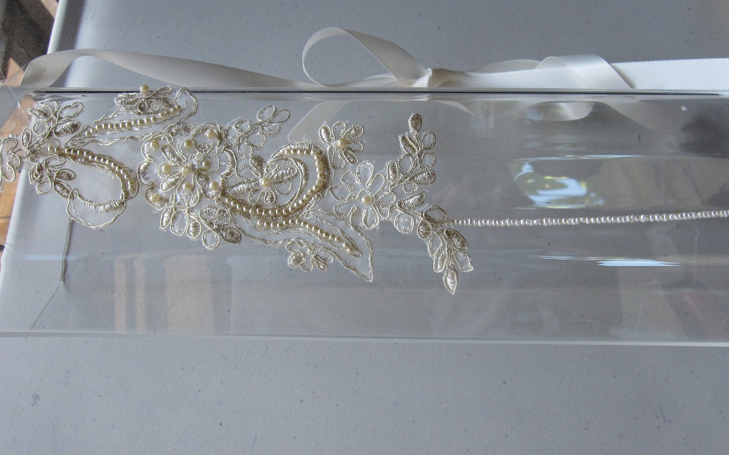 Champagne and Gold Beaded Flower Pearl Halo Headband with Ivory Satin Ribbon Tie, for Bridal, weddings, parties, special occasions