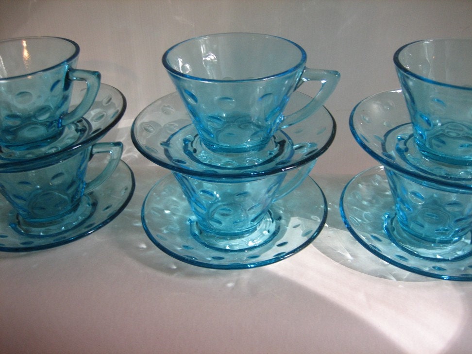 Set of 6 Hazel Atlas Capri Skol Blue Dots Cups with Saucers Mid Century Modern