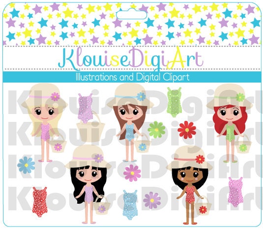 Instant Download - Cute Clip Art Dolls Characters - Beach Girls 2 - Swimsuit  - Digital Clip Art - Personal and Small Commercial Use