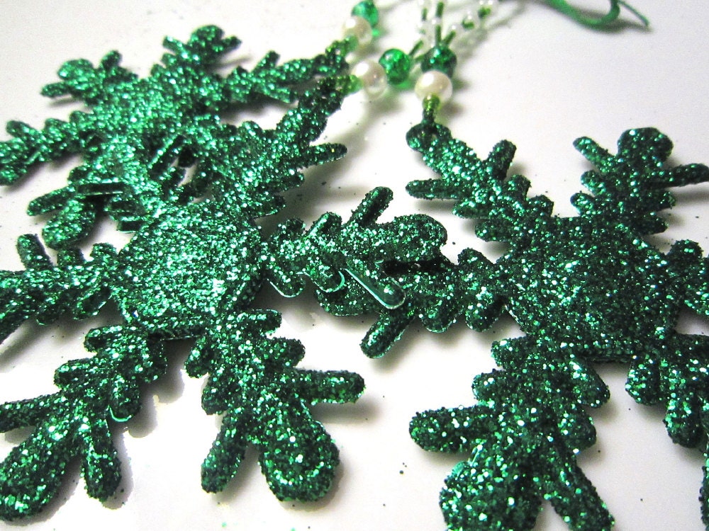 Set of 3 Christmas Ornaments:  Green Sparkle Snowflake with Beaded Hangers