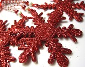 Set of 3 Christmas Ornaments:  Red Sparkle Snowflake with Beaded Hangers