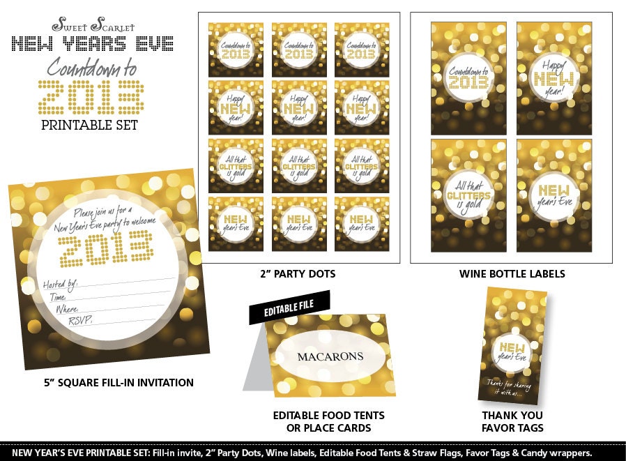 NEW Years Eve Printables Set - All that Glitters - Includes Cupcake Toppers, Bunting, Candy Wrappers, Straw Flags and more