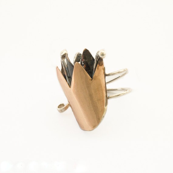 Pomegranate Flower Ring - Modern Stylized  - Gold and Silver - Open Ring - Ready to Ship