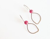 Raspberry pink earrings copper dangle leaves