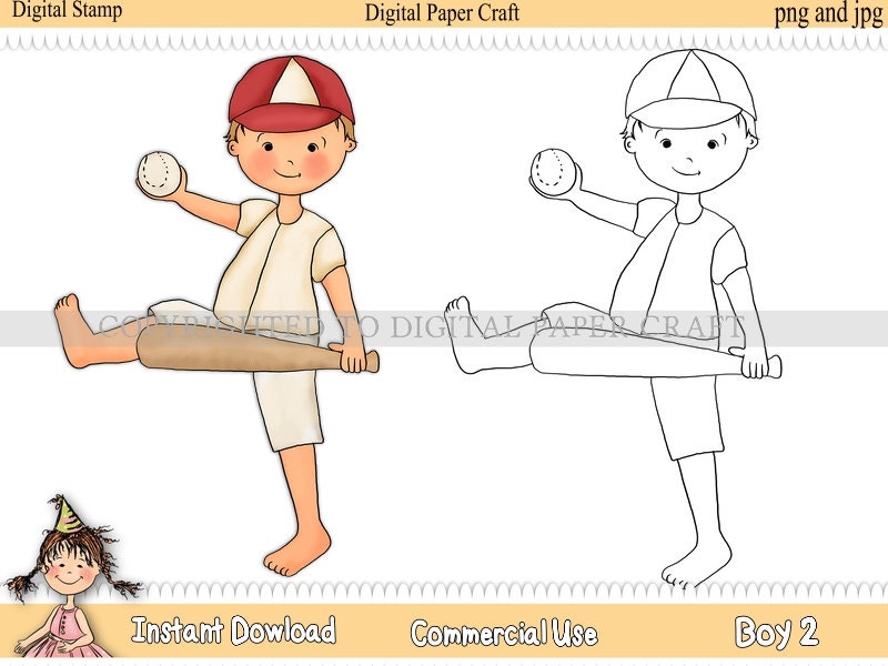 Digital Stamp Little Boy 2 Softball or Baseball   INSTANT DOWNLOAD