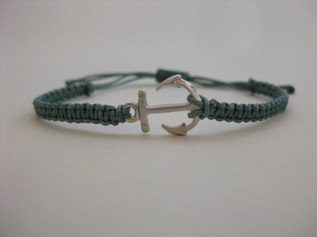 Silver Anchor Teal Macrame Bracelet