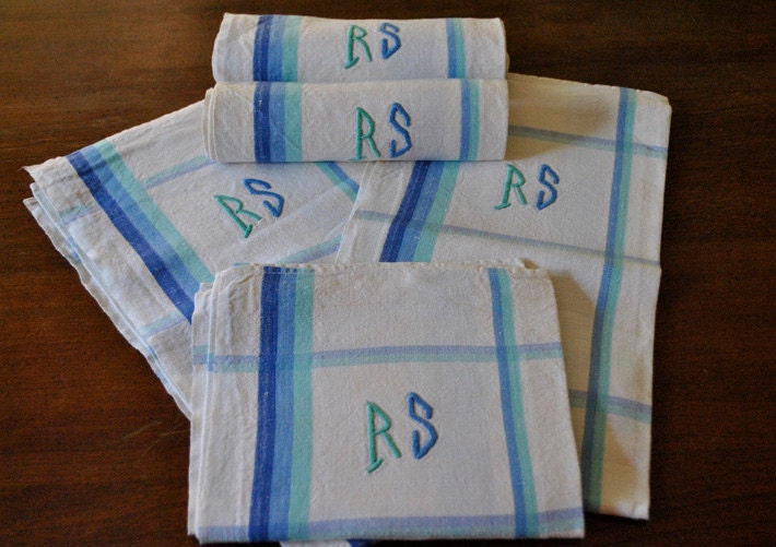 Vintage French Vintage Linen Monogramed RS Towels, Torchons, Cloths, vintage supplies, French Kitchens, French housewares