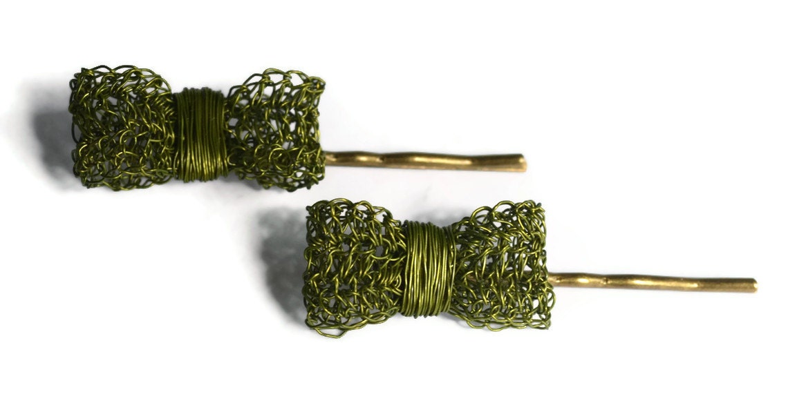 Hand Crochet Olive Wire Bow Bobby Pins by PrayerMonkey